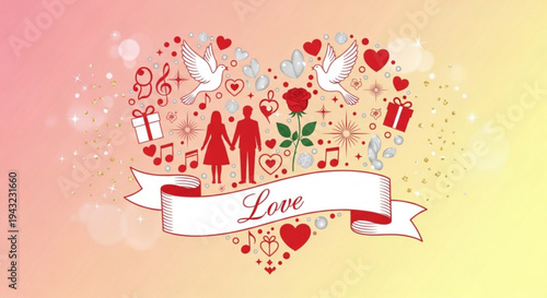 Romantic heart design with couple love symbols gifts and flowers on pink yellow background