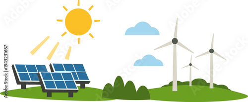 Renewable energy sources with solar panels and wind turbines vector illustration