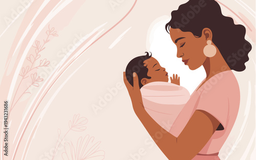 Loving mother gently holds her peaceful newborn baby close in a tender moment