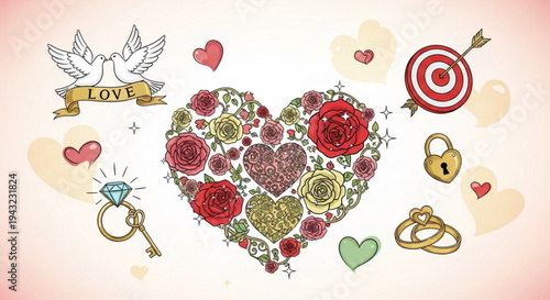 Heart with roses and love symbols valentine's day concept with floral heart doves target keys and rings on a soft background
