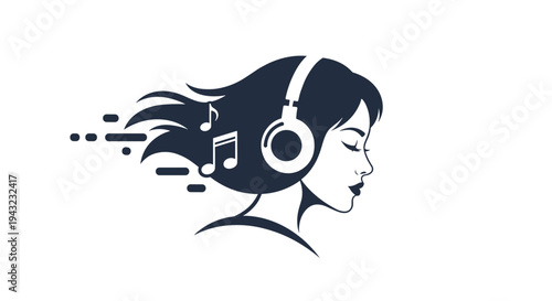 Woman Listening To Music With Headphones Sound Waves And Musical Notes