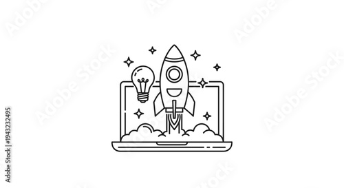Rocket Launching from Laptop with Lightbulb Icon