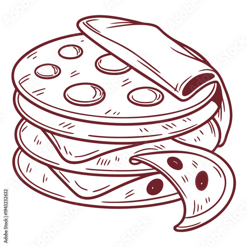 Vector illustration of outline drawing of stacked pancakes with cheese, breakfast food illustration