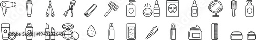 A comprehensive collection of modern personal care and beauty product line art icons