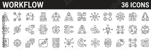 set of 36 icons related to workflow, processing and operation, outline icon collection with editable stroke, vector illustration for ui, web and app design.