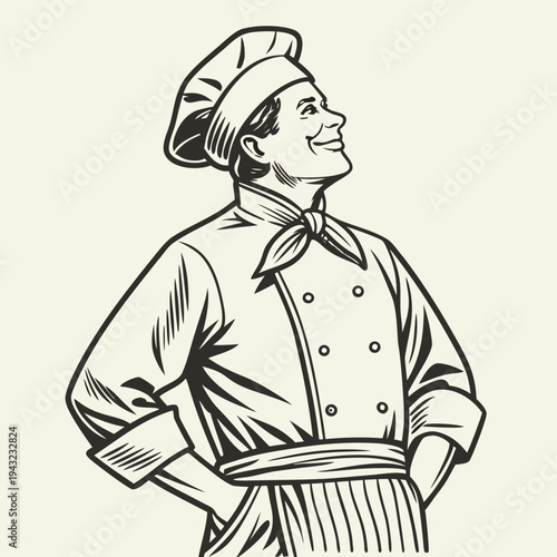 Vector illustration of happy smiling male chef with toque hat looking up professional vector