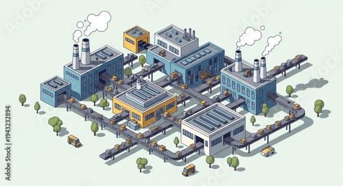 Isometric Factory Buildings with Smoke.