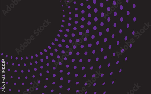 Flowing dot particles wave curve pattern purple and black gradient light isolated on black background in concept of AI technology, science, music. Vector