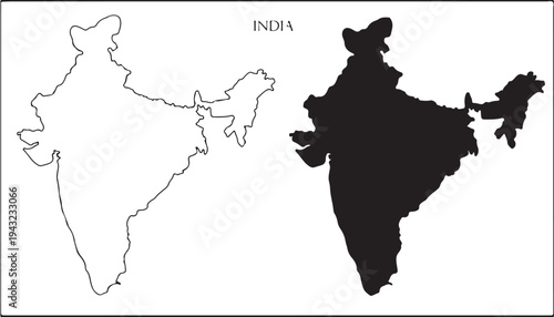 India map silhouette in black and white outline, presenting a clear geographical representation of the country for informational or design purposes.