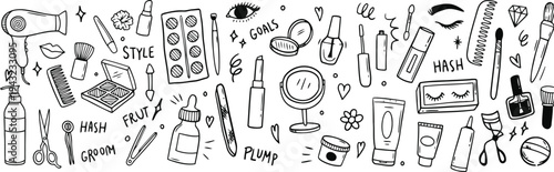 A collection of hand drawn beauty and makeup products for personal care routines and cosmetic needs