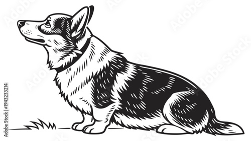 Vector illustration of corgi dog sitting profile, detailed line art illustration, black and white