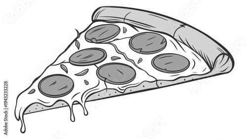 Vector illustration of pepperoni pizza slice with melted cheese, sketched in black and white