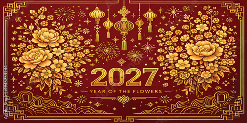 Luxurious 2027 floral red and gold banner with lanterns and ornamental decoration
