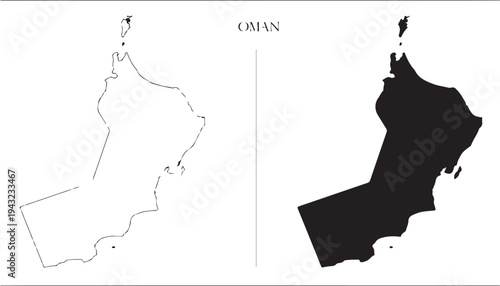 Oman outline map and filled silhouette map isolated on white background for design featuring illustration, country, geography with location and