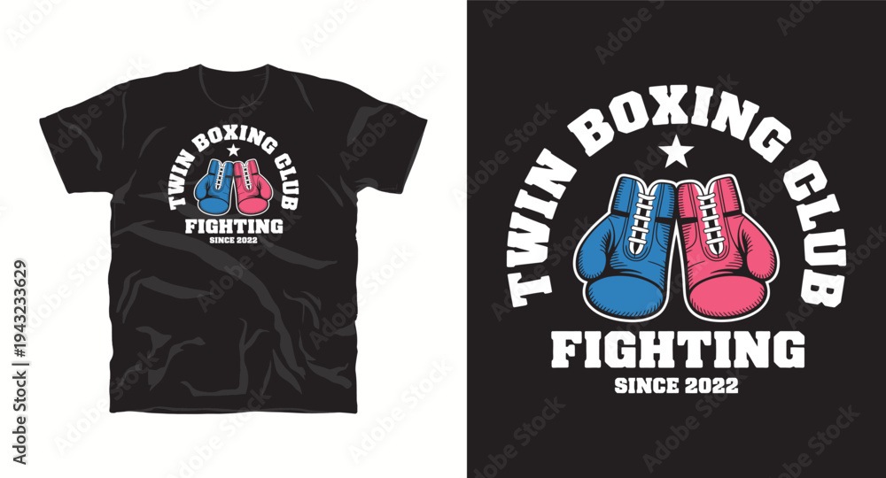 Fototapeta premium Twin boxing fighting vintage t-shirt design with gloves and star