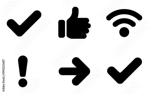 Collection of common checkmark, thumbs up, wifi, exclamation, arrow, and checkmark