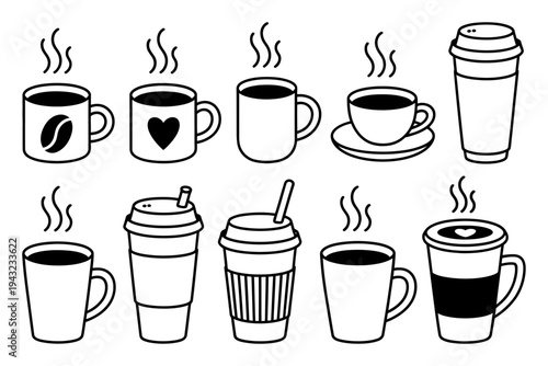 Collection of Hand-Drawn Coffee Cups and Steam