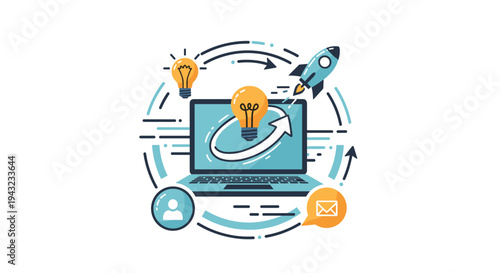 Startup Idea Launch With Laptop And Rocket