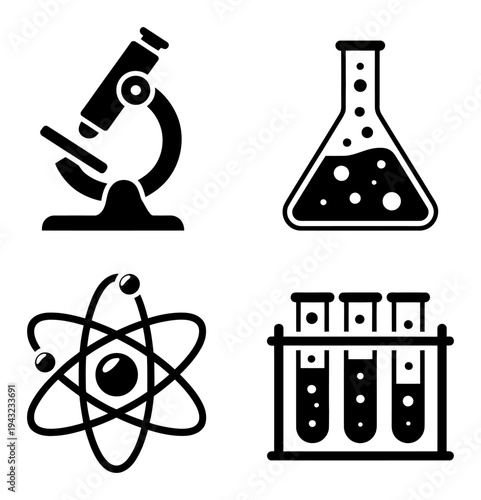 Collection of Science and Laboratory Microscope, Flask, Atom, Test Tubes