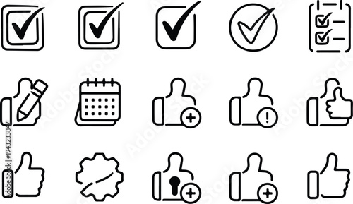 Set of 15 social media icons vector, outline style, black and white