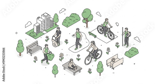 Isometric illustration of sustainable urban living and transport.
