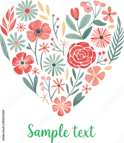 Watercolor floral heart illustration, romantic botanical flower arrangement in heart shape, vintage style nature design for greeting cards