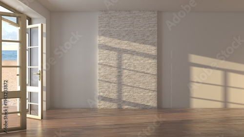 Sunlit empty coastal interior with wooden floor stone accent wall and open glass door to sandy beach and ocean view. Modern seaside home with natural light and copy space. 3d illustration