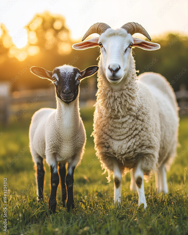 Obraz premium Sheep and goat standing together on a farm. Friendly interaction with green pasture and warm natural light. Calm rural atmosphere