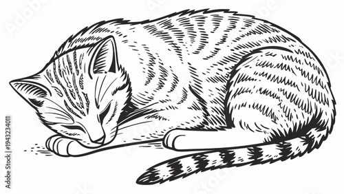 Vector illustration of sleeping tabby cat curled up, detailed black and white illustration