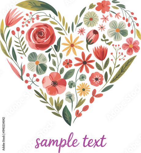 Watercolor floral heart illustration, romantic botanical flowers and leaves heart shape design, vintage style nature art for greeting cards