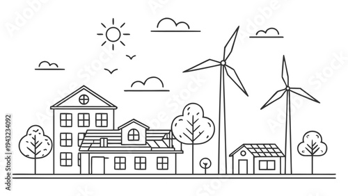 Vector illustration of minimalist line drawing of a sustainable eco-friendly village with houses and wind turb