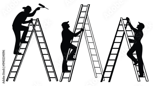 Vector illustration of silhouettes of people climbing ladders, symbolizing teamwork and progress