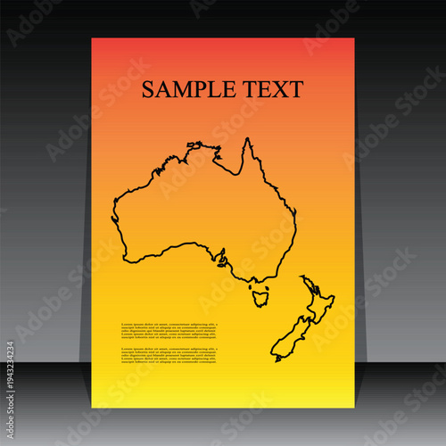 Australia and New Zealand Outline Map Poster with Red‑to‑Yellow Gradient Background – Modern Travel and Education Vector Design for High‑Impact Visual Content.