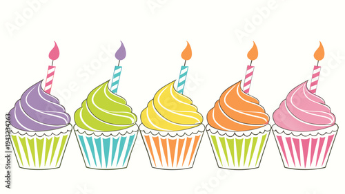 Vector illustration of five colorful cupcakes with lit candles on white background, celebration theme