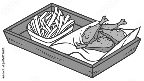 Vector illustration of tray of fried chicken legs and french fries, simple line art illustration