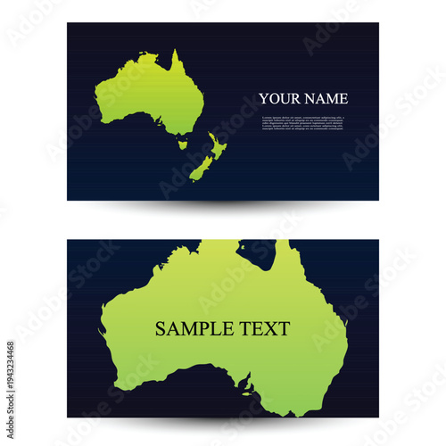 Australia Map Business Card Designs with Green Gradient on Dark Blue Background – Modern Corporate Vector Templates for Branding and Professional Identity.