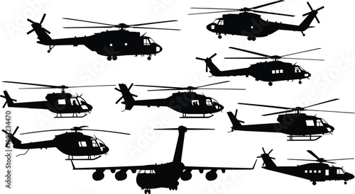 Helicopter silhouettes collection with different military and transport chopper aircraft, aviation rotorcraft set isolated, flying helicopter vector illustration bundle