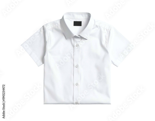 Crisp white short-sleeved button-down shirt with a collar and chest pocket