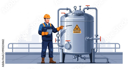 Industrial Worker Inspecting Large Tank Equipment.
