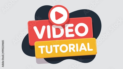 Modern graphic design showing video tutorial text and a prominent play button symbol