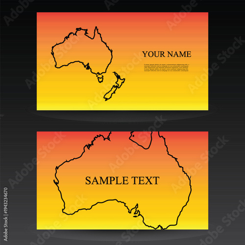 Australia and New Zealand Outline Business Card Designs with Red‑to‑Yellow Gradient Background – Modern Vector Templates for Travel, Branding and Oceania‑Focused Identity. 