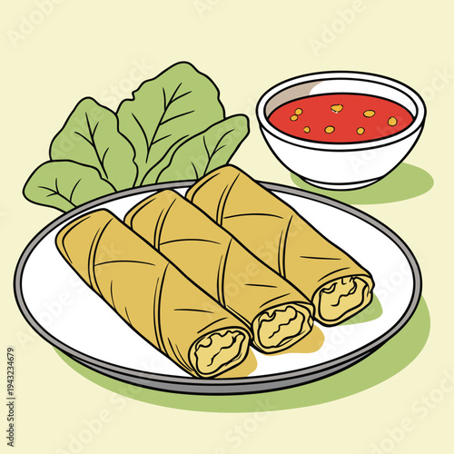 Vector illustration of three golden spring rolls with dipping sauce and lettuce, appetizing food illustration