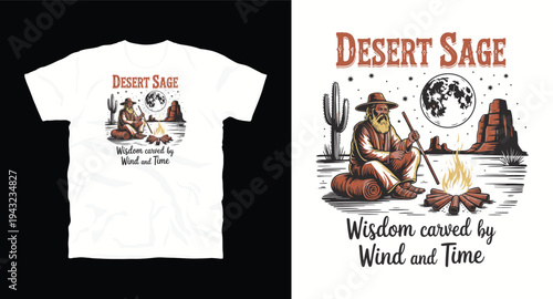 Desert sage character sitting by campfire under full moon with cactus and mountain silhouette background