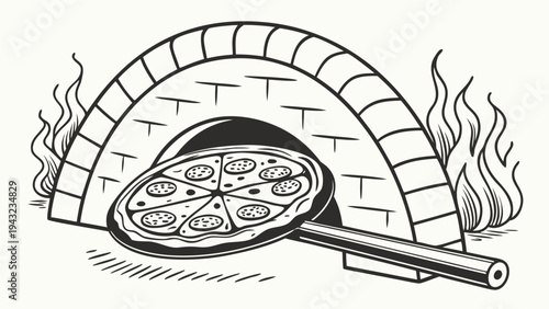 Vector illustration of traditional wood-fired pizza baking in brick oven illustration