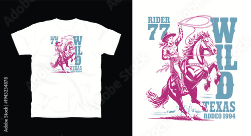 Woman riding horse while lassoing vintage t-shirt design wild rodeo Texas 1994