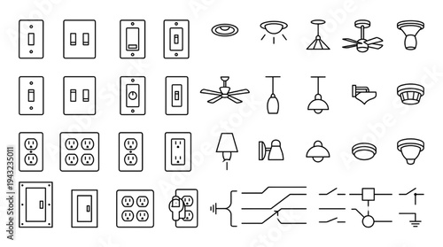 Electrical Floor Plan Symbols Vector Set – Switch, Power Outlet, Lighting Fixture, Wiring and Panel Icons for Architectural Blueprint Design