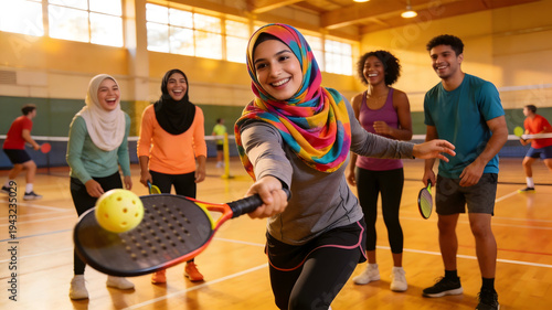 Diverse Group of Friends Playing Pickleball in a Modern Indoor Sports Center