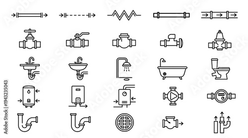 Plumbing Floor Plan Symbols Vector Set – Pipes, Valves, Drainage and Water Heater Icons for Architectural Blueprint Plumbing Design