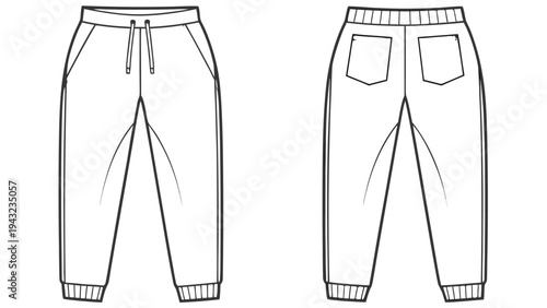Vector illustration of fashion sketch: front and back view of jogger sweatpants