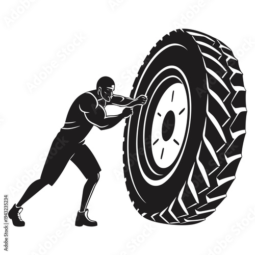 Vector illustration of man pushing giant tire, strength and effort concept illustration
